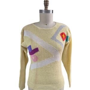 Vtg 80s 90s Adele Barre Ramie Blend Yellow Intarsia Sweater Abstract Metallic  M